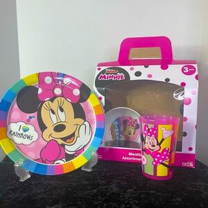 Minnie Mouse 3-pc Mealtime Set I ❤️ Rainbows -Be Kind Plate Bowl Cup Pink NIB